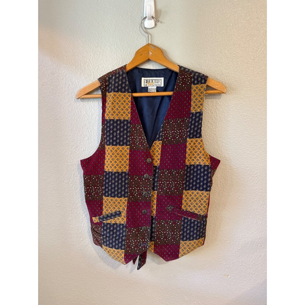 Vintage Gina Peters‎ Quilted Patchwork Vest 90s Adjustable Tie Back Button Front